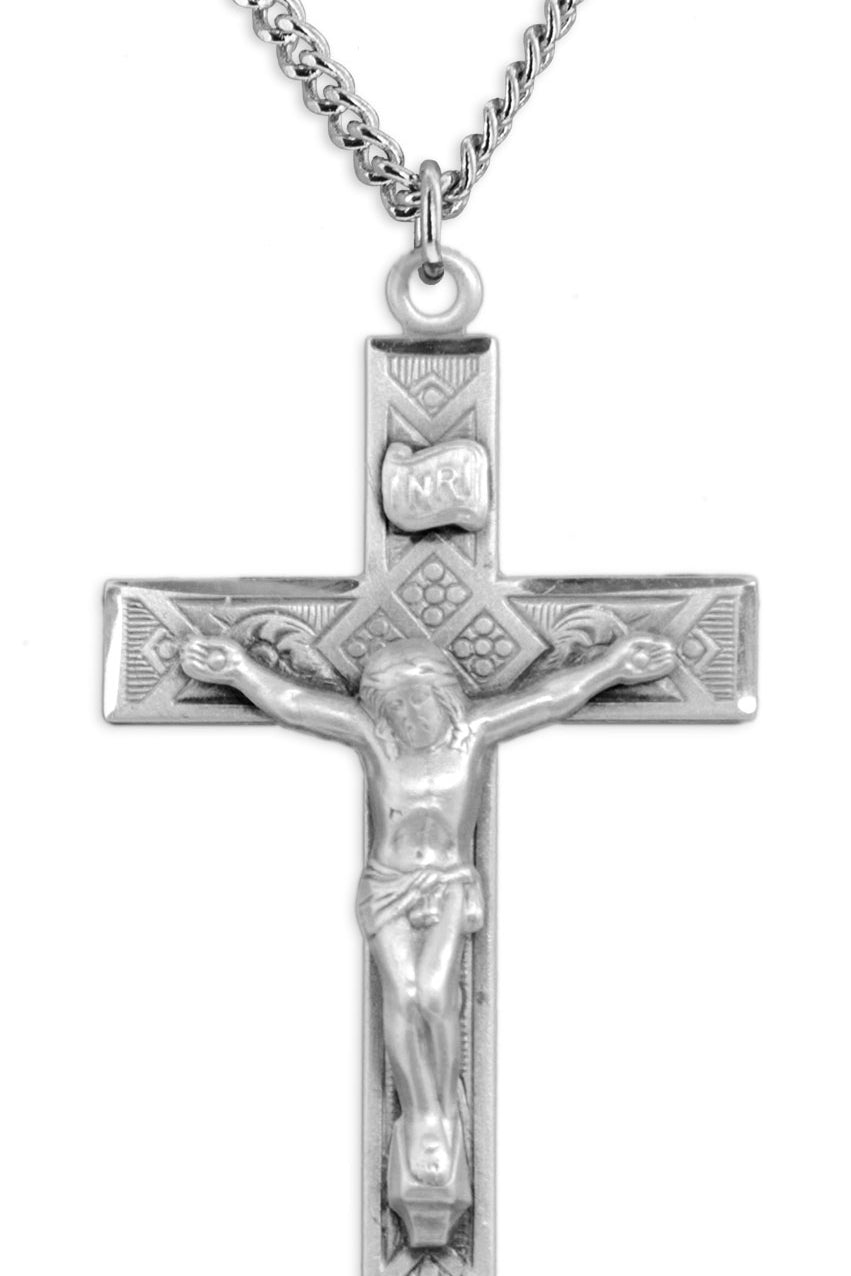 Men's Large Sterling Silver Diamond Etched Crucifix Necklace with Chain Options - 24&quot; Sterling Silver Chain + Clasp