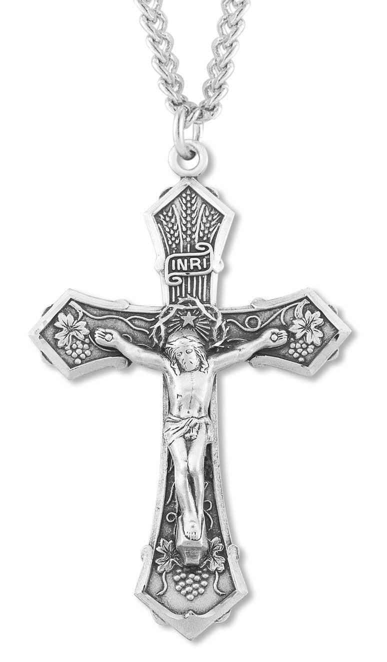 Men's Wheat and Grapes Crucifix Necklace, Sterling Silver with Chain Options - 24&quot; Sterling Silver Chain + Clasp