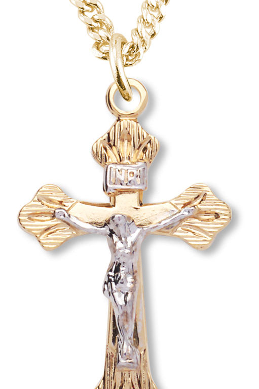 Women's 14kt Gold Plated Two-tone Crucifix Necklace Etched Tips +1 8 Inch Gold Plated Chain - Two-Tone