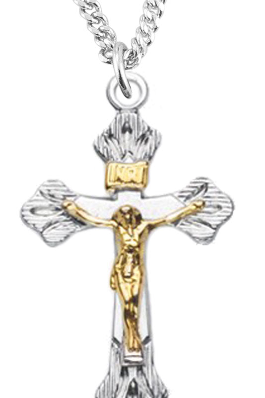 Women's Sterling Silver and Gold Filled Crucifix Necklace Wide Etched Tips with Chain Options - Two-Tone