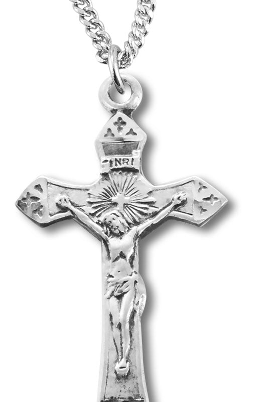 Women's Sterling Silver Etched Cross Tip Crucifix Necklace with Chain Options
