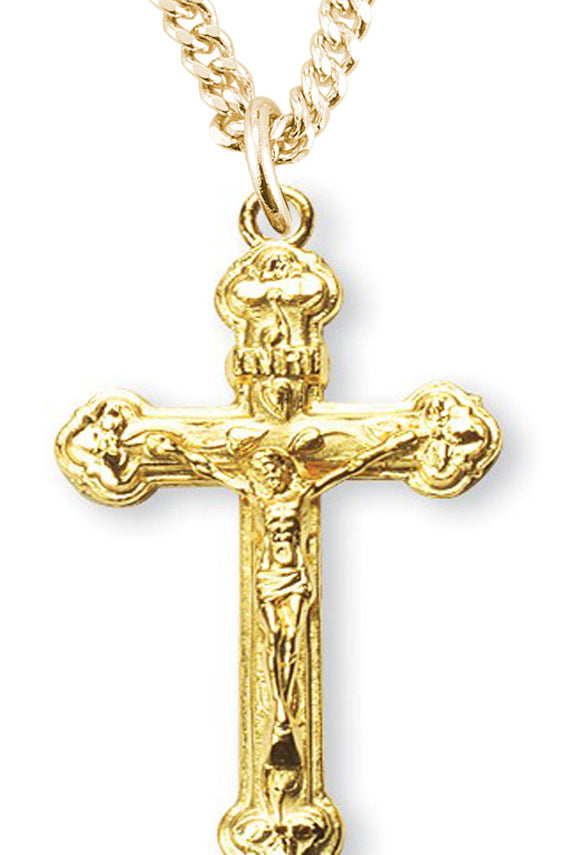 Women's or Boy's 14kt Gold Over Sterling Silver Classic Budded Edge Crucifix Rounded Tips Necklace + 20 Inch Gold Plated Chain &amp; Clasp - Gold-tone