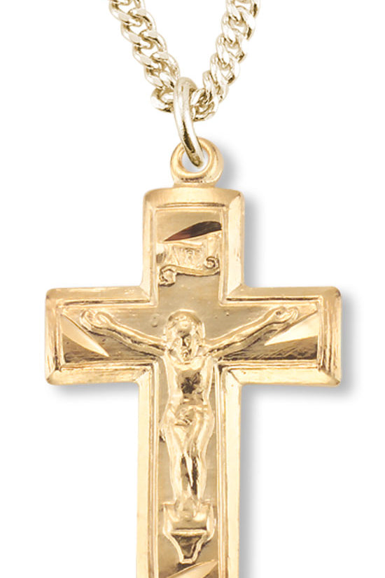 Women's 14kt Gold Over Sterling Silver Small Crucifix Necklace with Etching + 18 Inch Gold Plated Chain &amp; Clasp - Gold-tone