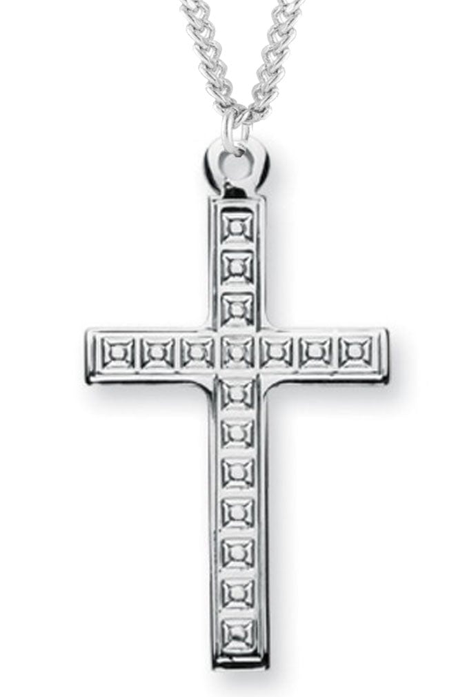 Men's Sterling Silver Cross Necklace with Cubed Etching with Chain Options - 24&quot; Sterling Silver Chain + Clasp