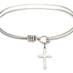 First Communion Silver Cable Bangle Bracelet with a Small Budded Tip Cross Charm - Rhodium Plated