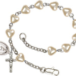 First Communion Silver Plated Charm Bracelet with 5mm Heart Shaped Faux Pearl Beads - Rhodium Plated