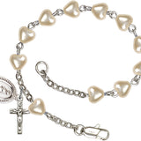 First Communion Silver Plated Charm Bracelet with 5mm Heart Shaped Faux Pearl Beads - Rhodium Plated