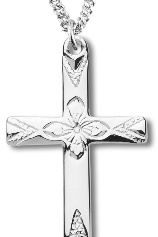Women's Flower Etched Center High Polish Cross Necklace, Sterling Silver with Chain Options
