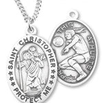 Girl's Oval Double-Sided Basketball Necklace with Saint Sebastian Back in Sterling Silver - 18&quot; 1.8mm Sterling Silver Chain + Clasp