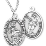 Girl's Oval Double-Sided Lacrosse Necklace with Saint Sebastian Back in Sterling Silver - 18&quot; 1.8mm Sterling Silver Chain + Clasp