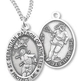 Girl's Oval Double-Sided Lacrosse Necklace with Saint Sebastian Back in Sterling Silver