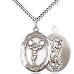Girl's Pewter Oval St. Christopher Cheerleading Medal - 18&quot; Rhodium Plated Medium Chain + Clasp