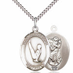 Girl's Pewter Oval St. Christopher Gymnastics Medal - 18&quot; Rhodium Plated Medium Chain + Clasp