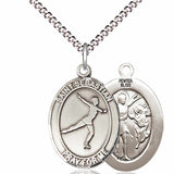 Girl's Pewter Oval St. Sebastian Figure Skating Medal - 18&quot; Rhodium Plated Medium Chain + Clasp