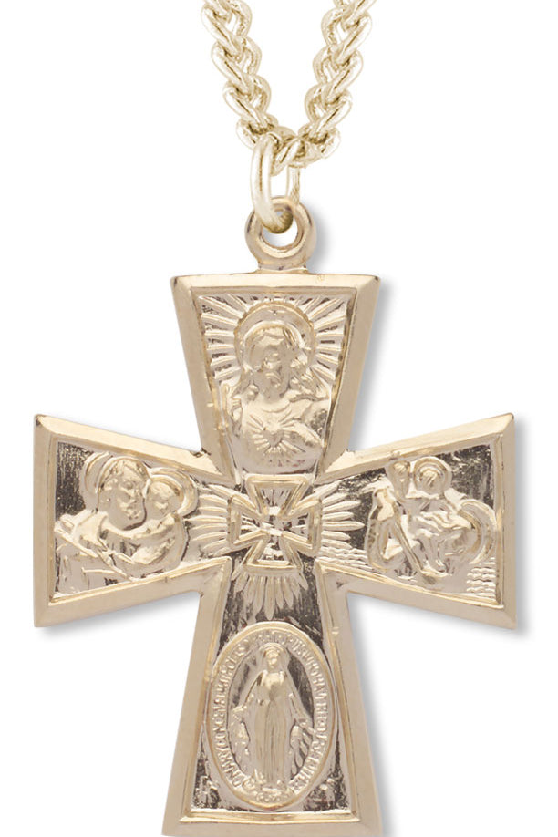 Men's 14kt Gold Over Sterling Silver Gothic Style 4-way Necklace + 24 Inch Gold Plated Endless Chain - Gold-tone