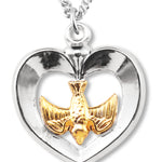 Women's Sterling Silver Two Tone Heart Necklace with Holy Spirit Center with Chain Options - 18&quot; 1.8mm Sterling Silver Chain + Clasp