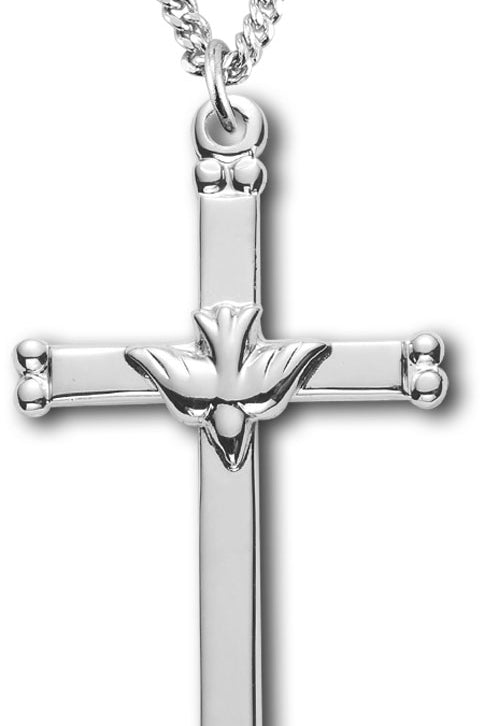 Women's Double Bead Tip Cross Necklace Dove Center with Chain Options - 18&quot; 1.8mm Sterling Silver Chain + Clasp