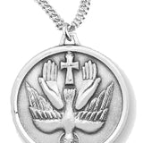 Women's or Boy's Holy Spirit Necklace Round, Sterling Silver with Chain - 20&quot; 2.2mm Stainless Steel Chain with Clasp