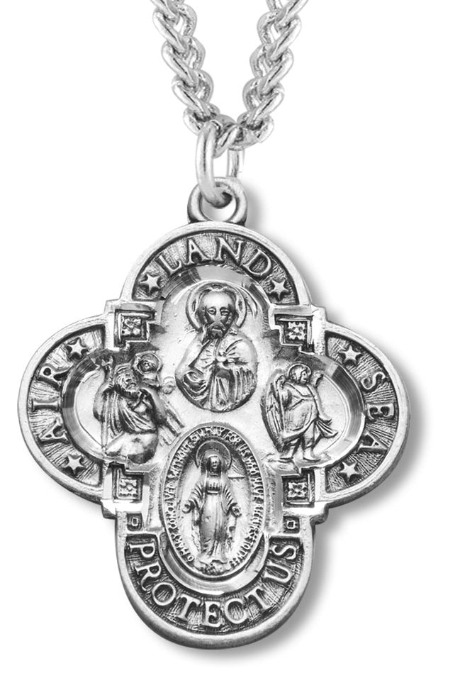 Men's Sterling Silver Land, Air, Sea 4 Way Cross Necklace with Chain Options