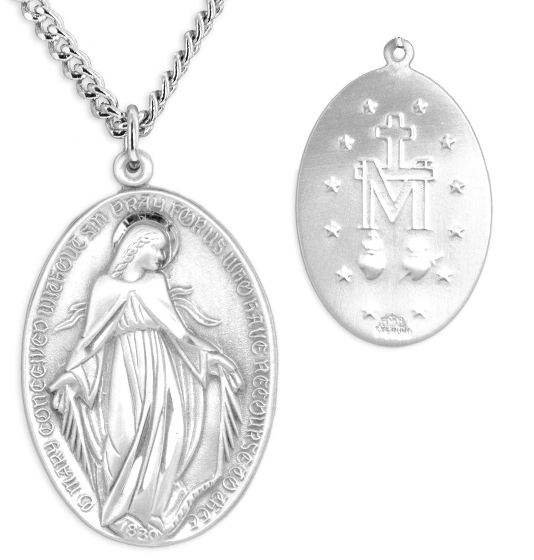 Men's Sterling Silver Miraculous Necklace Old World Text with Chain Options - Sterling Silver