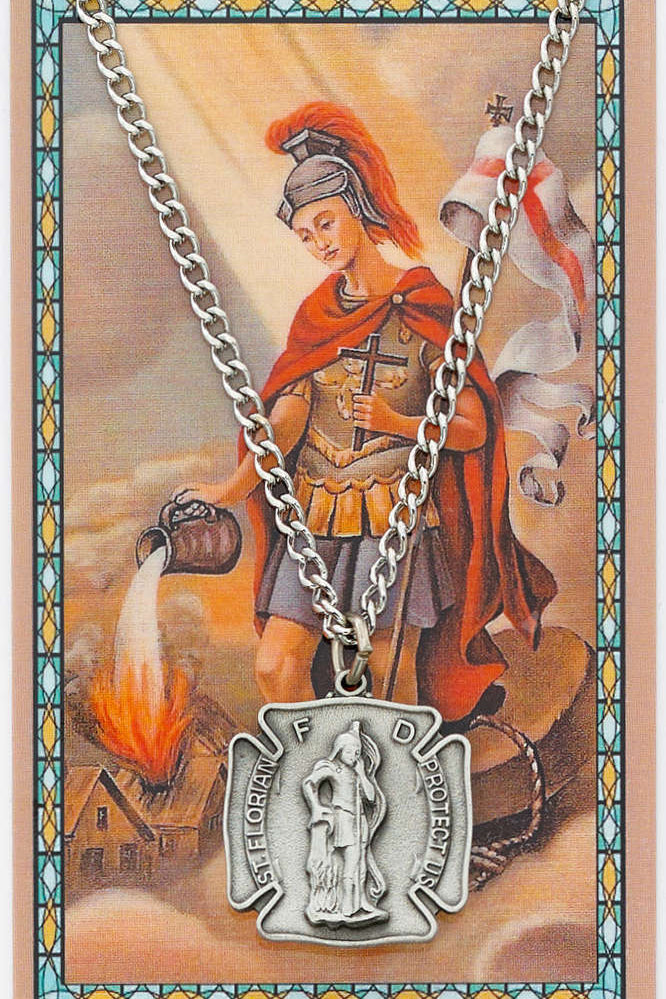 Large St. Florian Pewter Medal with Prayer Card - Silver tone