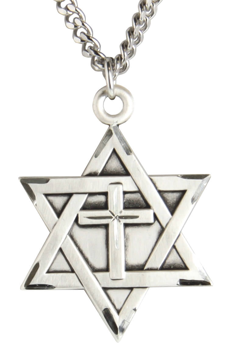 Men's Large Sterling Silver Star of David with Cross Pendant