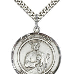 Men's Larger Round Sterling Silver St. Jude Pendant - 24&quot; 2.4mm Rhodium Plate Endless Chain