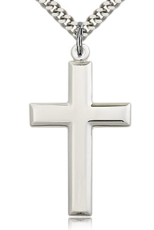 Men's Luxury High Polish All Sterling Silver Cross Pendant - 24&quot; 2.2mm Sterling Silver Chain + Clasp