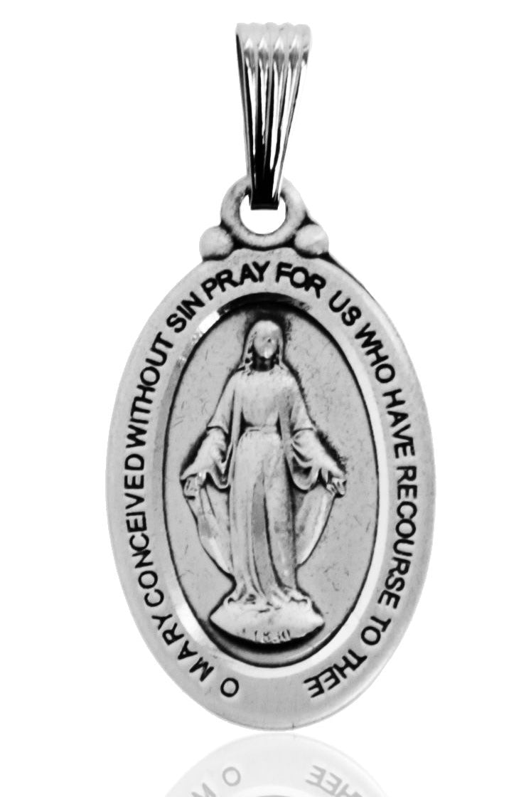 Men's Oval Sterling Silver Miraculous Medal with Decorative Bale - No Chain