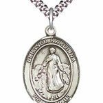 Men's Pewter Oval Blessed Karolina Kozkowna Medal - 24&quot; 2.4mm Rhodium Plate Chain + Clasp