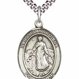 Men's Pewter Oval Blessed Karolina Kozkowna Medal - 24&quot; 2.4mm Rhodium Plate Chain + Clasp