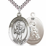 Men's Pewter Oval Guardian Angel Baseball Medal - 24&quot; 2.4mm Rhodium Plate Chain + Clasp