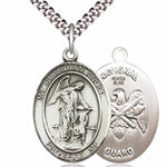 Men's Pewter Oval Guardian Angel National Guard Medal - 24&quot; 2.4mm Rhodium Plate Chain + Clasp