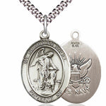 Men's Pewter Oval Guardian Angel Navy Medal - 24&quot; 2.4mm Rhodium Plate Chain + Clasp
