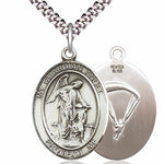 Men's Pewter Oval Guardian Angel Paratrooper Medal - 24&quot; 2.4mm Rhodium Plate Chain + Clasp