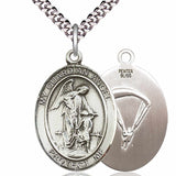 Men's Pewter Oval Guardian Angel Paratrooper Medal - 24&quot; 2.4mm Rhodium Plate Chain + Clasp
