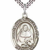 Men's Pewter Oval Marie Magdalen Postel Medal - 24&quot; 2.4mm Rhodium Plate Chain + Clasp