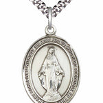 Men's Pewter Oval Miraculous Medal - 24&quot; 2.4mm Rhodium Plate Chain + Clasp