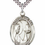 Men's Pewter Oval Our Lady Star of the Sea Medal - 24&quot; 2.4mm Rhodium Plate Chain + Clasp