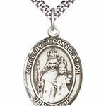 Men's Pewter Oval Our Lady of Consolation Medal - 24&quot; 2.4mm Rhodium Plate Chain + Clasp