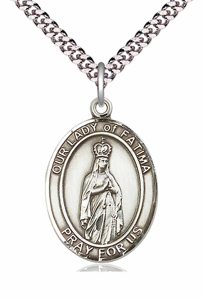 Men's Pewter Oval Our Lady of Fatima Medal - 24&quot; 2.4mm Rhodium Plate Chain + Clasp