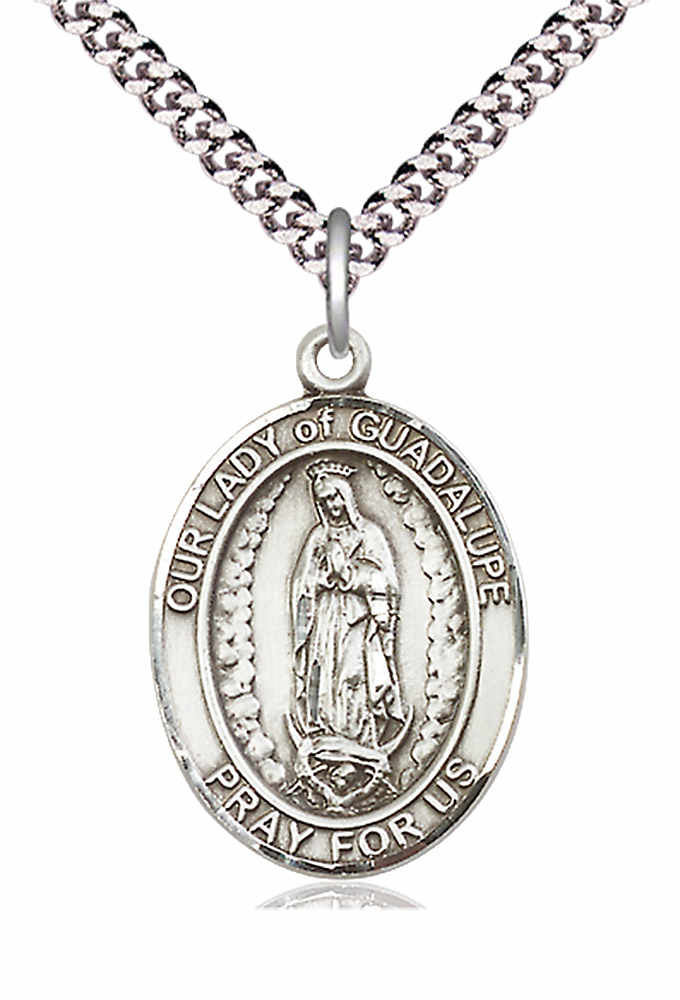 Men's Pewter Oval Our Lady of Guadalupe Medal - 24&quot; 2.4mm Rhodium Plate Chain + Clasp