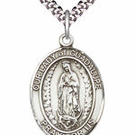 Men's Pewter Oval Our Lady of Guadalupe Medal - 24&quot; 2.4mm Rhodium Plate Chain + Clasp
