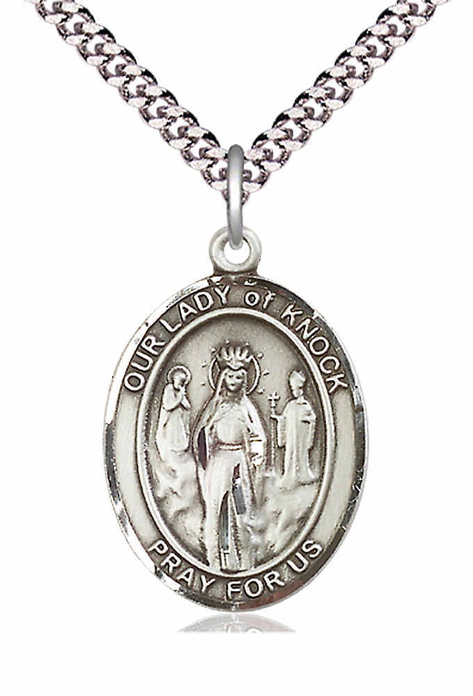 Men's Pewter Oval Our Lady of Knock Medal - 24&quot; 2.4mm Rhodium Plate Chain + Clasp