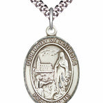 Men's Pewter Oval Our Lady of Lourdes Medal - 24&quot; 2.4mm Rhodium Plate Chain + Clasp