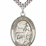 Men's Pewter Oval Our Lady of Lourdes Medal - 24&quot; 2.4mm Rhodium Plate Chain + Clasp