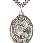 Men's Pewter Oval Our Lady of Mercy Medal - 24&quot; 2.4mm Rhodium Plate Chain + Clasp