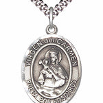 Men's Pewter Oval Our Lady of Mount Carmel Medal - 24&quot; 2.4mm Rhodium Plate Chain + Clasp