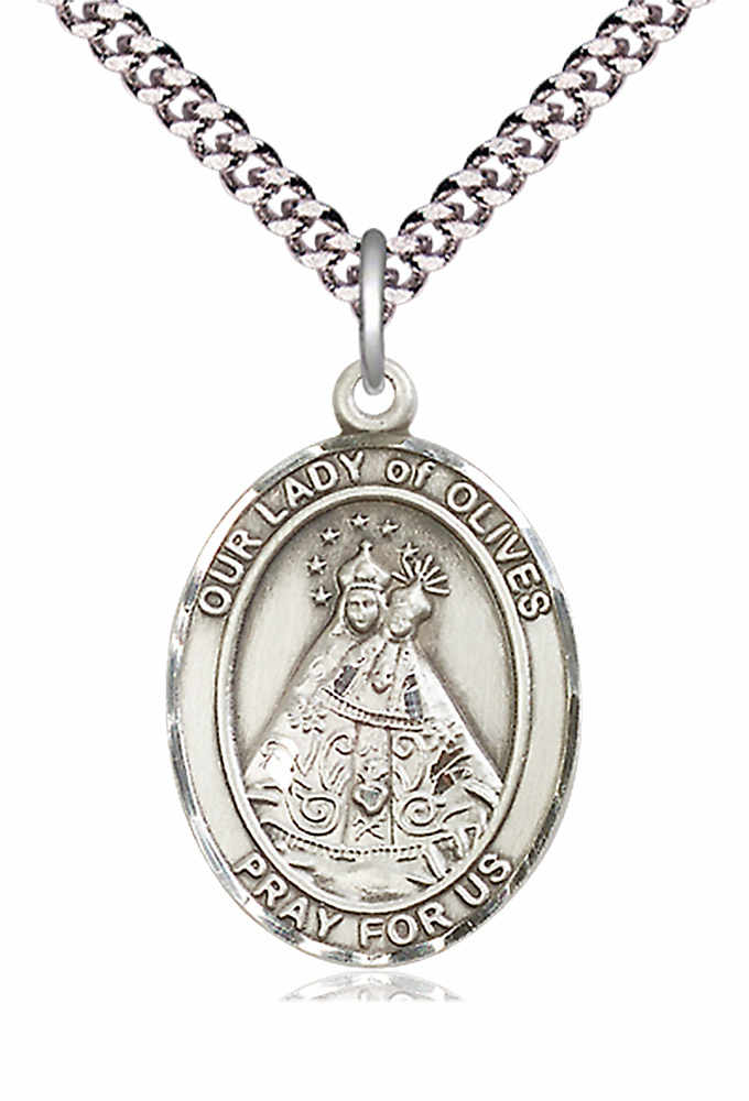 Men's Pewter Oval Our Lady of Olives Medal - 24&quot; 2.4mm Rhodium Plate Chain + Clasp