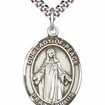 Men's Pewter Oval Our Lady of Peace Medal - 24&quot; 2.4mm Rhodium Plate Chain + Clasp